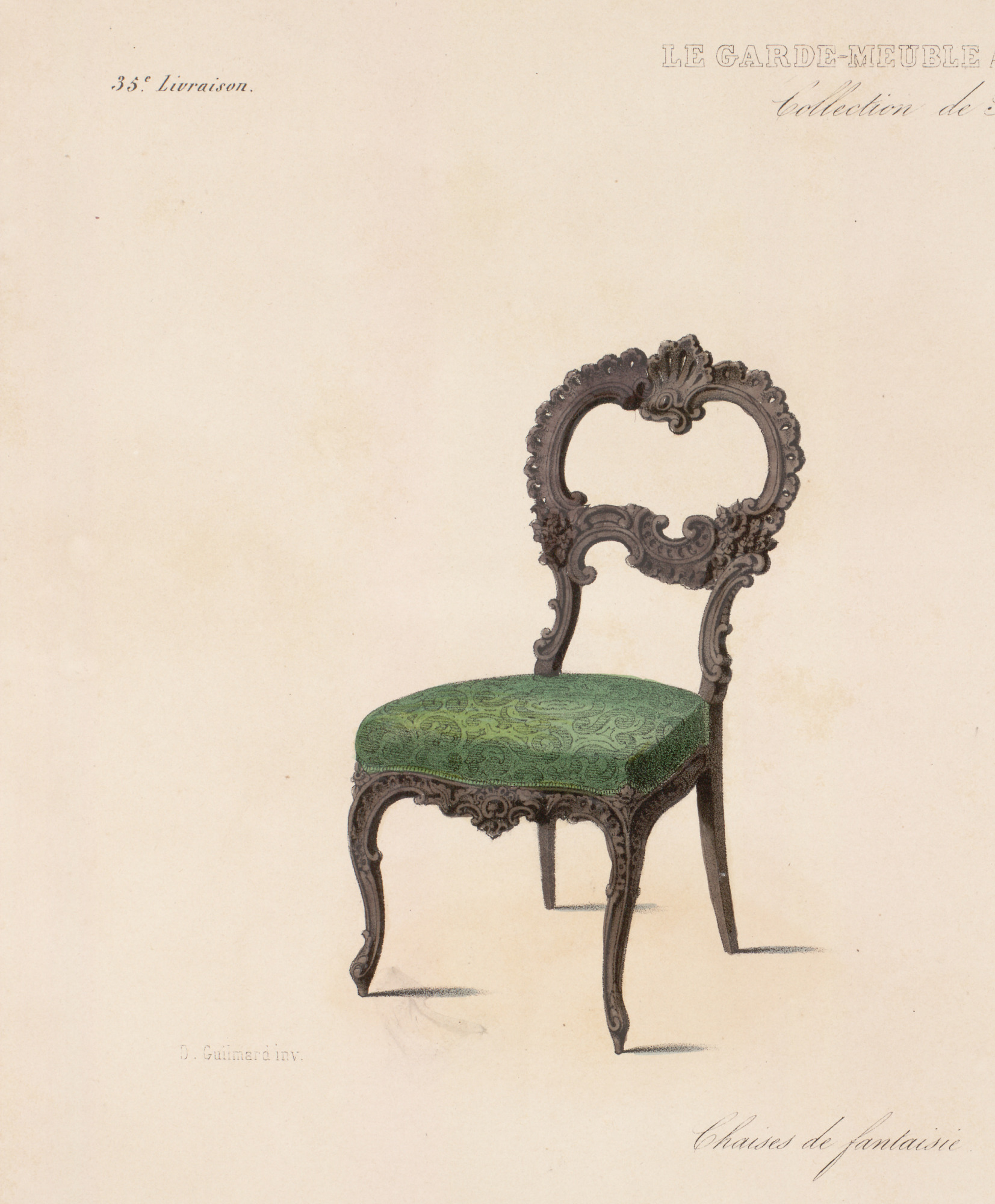 Le garde-meuble, “Chaise de fantaisie” (Phantasiestuhl), D. Guilmard, kolorierte Lithographie, Paris 1839, Smithsonian Libraries, New York.