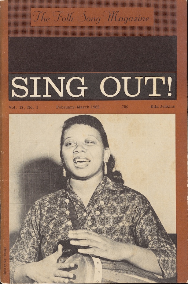 Cover of Sing Out! magazine featuring a photograph of Ella Jenkins singing and playing a drum.
