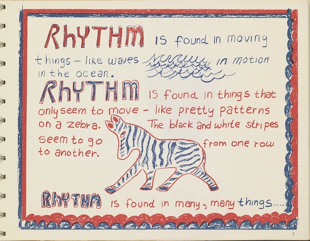 Page from the book, This is Rhythm, illustrating motion and pattern with sketches of waves and a zebra.