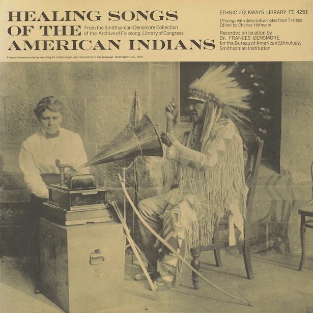 Cover of LP record, Healing Songs of the American Indian, with a photo of Frances Densmore and Mountain Chief.