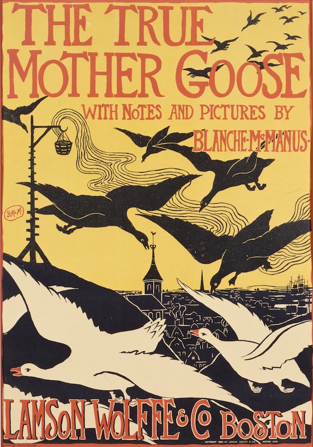 Print of geese in flight over a city promoting Blanche McManus Mansfield’s book, The True Mother Goose.