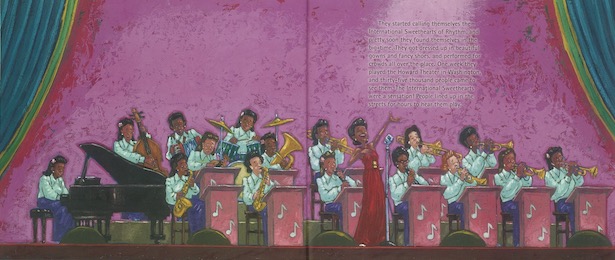 Illustration of the International Sweethearts of Rhythm performing onstage from the children's book, Swing Sisters.