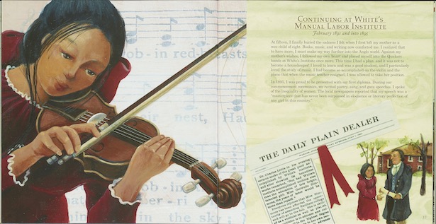 Illustration of Zitkala-Ša playing violin from the children's book, Red Bird Sings, with a description of her life from 1891-1895.