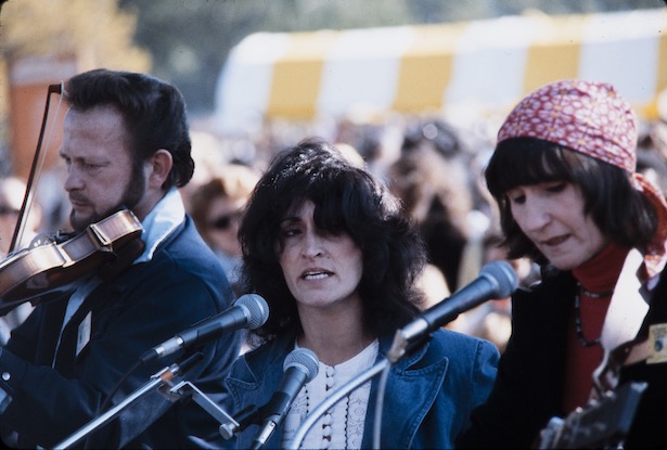 Color photograph of Hazel Dickens performing with Phyllis Boyens and Carl Nelson at the 1978 Smithsonian Folklife Festival.