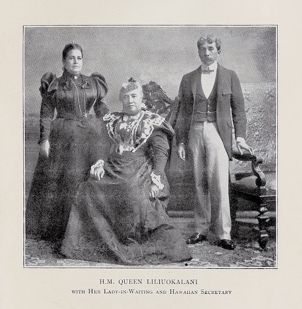 Queen Liliʻuokalani with her lady-in-waiting and Hawaiian secretary, from the 1898 book, Hawaii's Story, by Hawaii's Queen.
