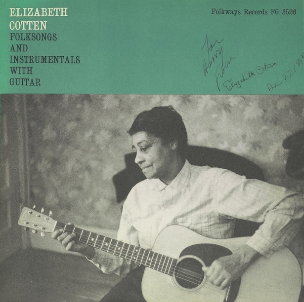 Cover of 1958 LP record, Elizabeth Cotten: Folksongs and Instrumentals with Guitar, inscribed by Cotton.