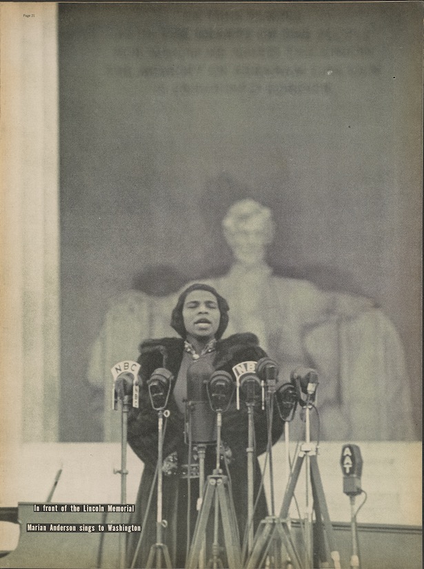 Black and white photo of Marian Anderson singing at the Lincoln Memorial from Life magazine.