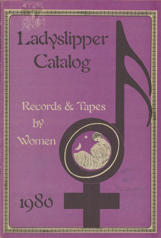 Cover of Ladyslipper Catalog from 1980 featuring an illustration of a Venus symbol merged with a musical note.