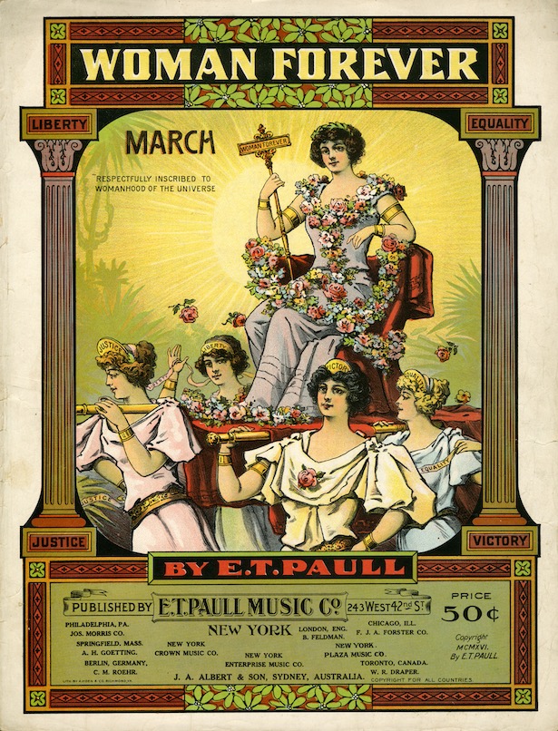 Colorful cover of the sheet music for the ‘Woman Forever March,’ 1916.