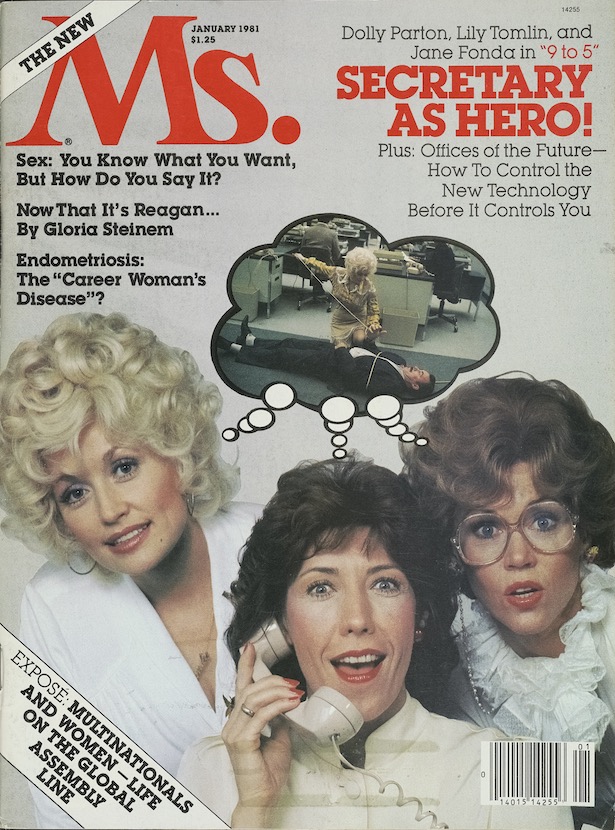 Cover of Ms. magazine featuring photo of Dolly Parton, Lily Tomlin, and Jane Fonda as their characters in the film, 9 to 5.