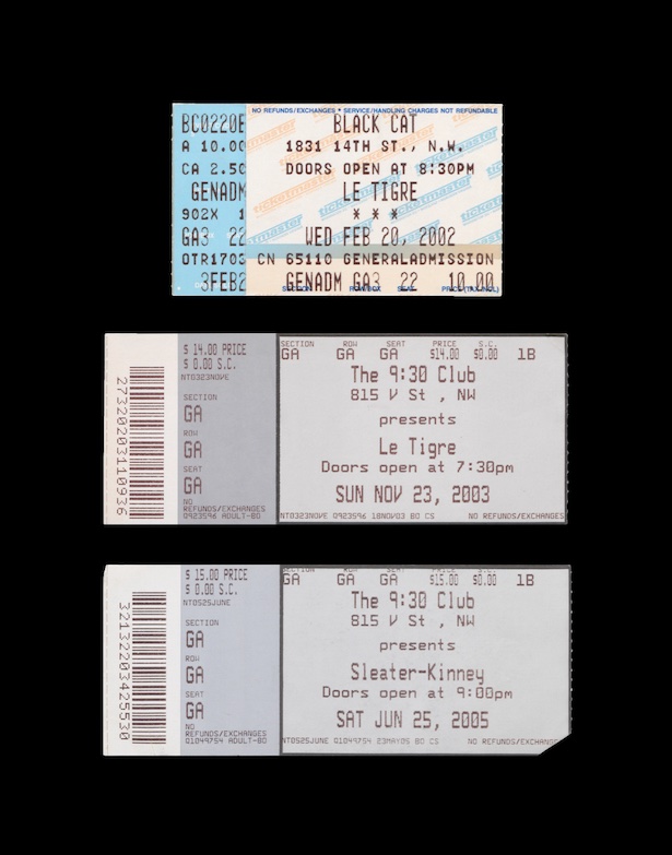 Ticket stubs for Sleater-Kinney and Bikini Kill concerts at Washington, DC venues in the early 2000s.