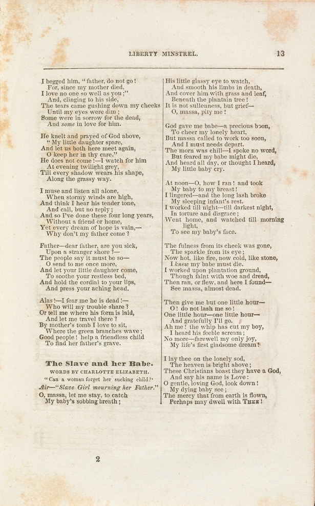 Lyrics to the song ‘The Slave and Her Babe’ from the 1845 book, The Liberty Minstrel.