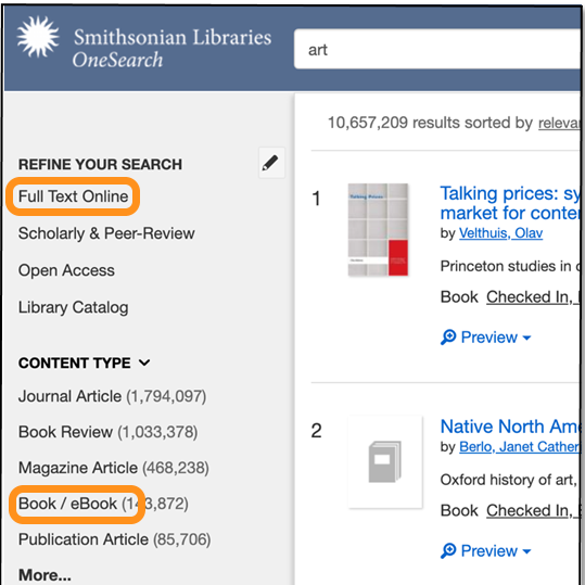 Screen shot of location of limiter for Full Text Online and e-books. 