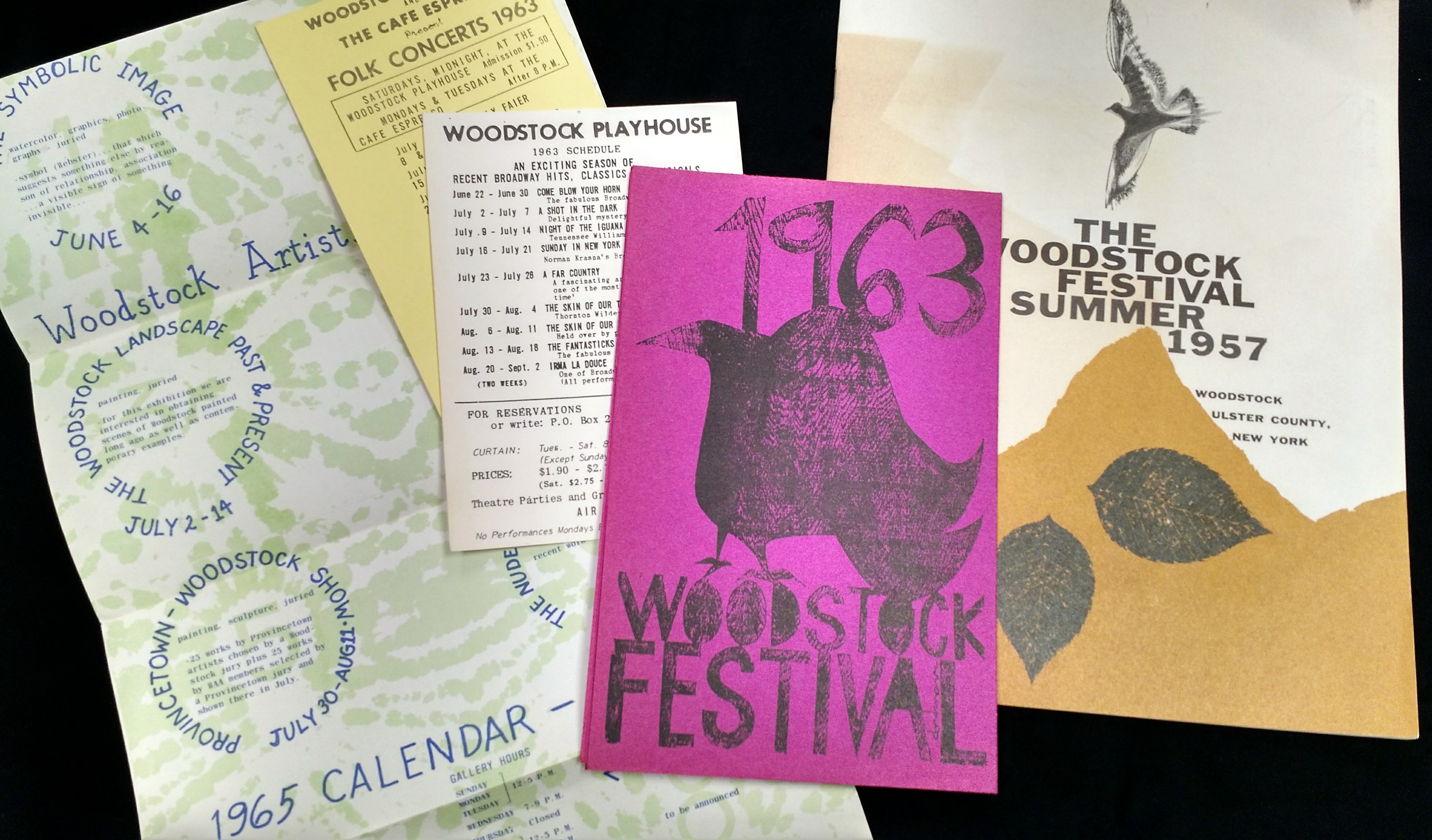 Pamphlets, a schedule, and flyer for the Woodstock Festival in 1963