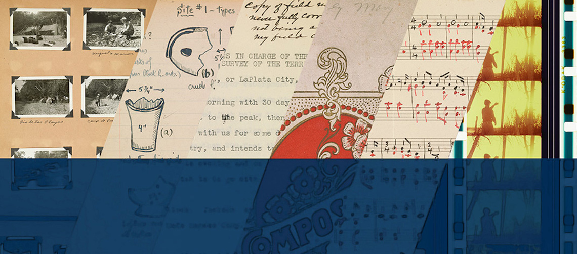collage of stamps, scanned book images and sheet music