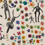 Photo of a page of an artists book depicting a stylized drawing of people, animals, and flowers.