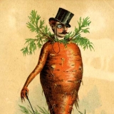 Trade card of seed company depicting a carrot with top hat and cane