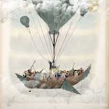 Hull of a wooden ship being carried by one large balloon and many smaller balloons filled with people on the deck and dressed in 19th formal clothing.