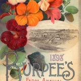 red orange and yellow flowers surround a small aerial photo of a farm and the words 1898 Burpee's farm annual 