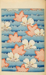 Design of stylized maple leaves and cherry blossoms on a blue background from vol. 1 of Shin-bijustukai