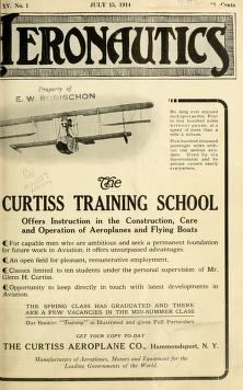 Cover of Aeronautics showing biplane and an ad for the Curtiss Training School