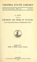 Cover of A list of the portraits and pieces of statuary in the Virginia State Library