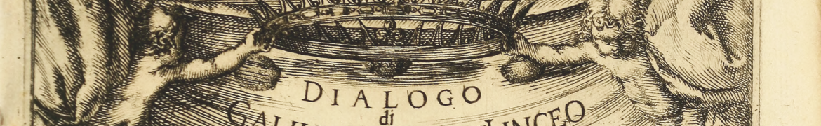 illustration of two cherubs holding a crown over the title of the book Dialogo di Galileo Galilei