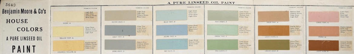 A banner-shaped image of paint samples from a Benjamin Moore catatalog. The colors are light pastels- yellow, pink, blue, green and orange. The text on the left reads House Colors, A Pure Linseed Oil Paint 