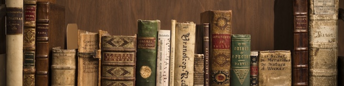 A close up of a dozen old books of different sizes and shapes set on a shelf to show their spines and titles.