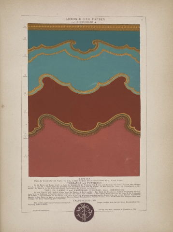 A page from a book illustrating four overlapping colors. The borders between the colors are ornate shape, like the backs of a victorian chair cushion.