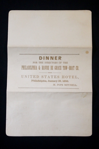 Back of menu for a Dinner for the directors of the Philadelphia & Havre de Grace Tow-Boat Co.