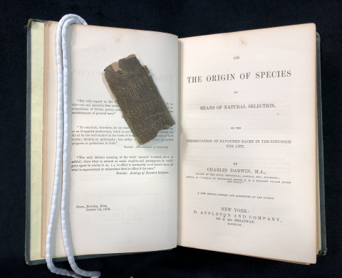 Origin of Species open with spine fragment on title page