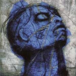 etching of a man's head all in blue
