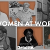 "Women at Work" superimposed over collage of portraits of 6 women of various ages and races.
