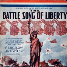 detail of the sheet music "Battle Song of Liberty" showing the statue of liberty and marching soldiers.