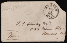 Cover of Alexander Graham Bell letter to L.T. Stanley, dated Boston University, Beacon St., 12 November 1875