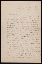 Cover of Louis Pasteur letter to "Monsieur," dated Paris, 11 February 1877