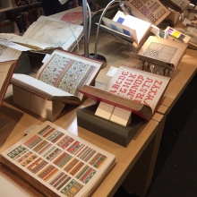 Pattern books on display in Dibner Library