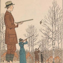 Color illustration of French partridge hunting fashion for 1920 from Gazette du bon ton.