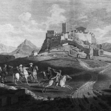 engraving showing men on horseback riding towards a distant castle.