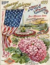 Image of a seed catalog cover containing images of the American flag, "Old Glory" geraniums, the White House and the Washington Monument.