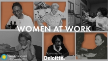 "Women at Work" superimposed over collage of portraits of 6 women of various ages and races.