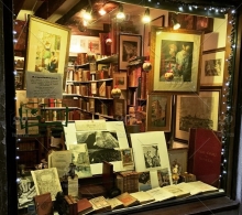 A window store front of a rare book store 