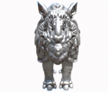 A silvery 3D printed model of a rhino seen head on. The horn and head are blurry due to perspective.