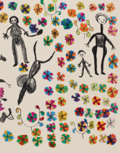 Photo of a page of an artists book depicting a stylized drawing of people, animals, and flowers.