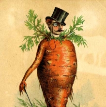 Trade card of seed company depicting a carrot with top hat and cane