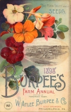red orange and yellow flowers surround a small aerial photo of a farm and the words 1898 Burpee's farm annual 