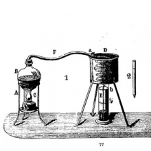 illustration of a "spirit gauge" or alembic from a scientific instrument catalog
