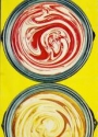 detail from the cover of a paint catalog showing two cans, viewed from above, with swirling paint colors inside