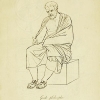 line drawing of a bearded man in a toga sitting on a stone labeled "Greek philsopher".